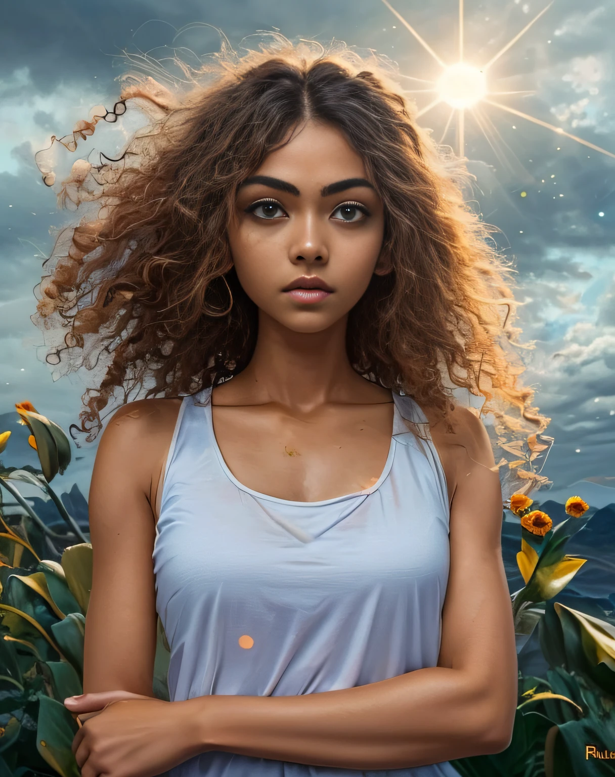 (best quality, masterpiece), green eyes, young woman, pose, particle, wind, flower, upper body, simple background, looking at viewer, catlike green eyes, light brown curly windblown hair, sun shinning on hair, tanned skin, galaxy, backlit, rimlight, stormy day beautiful artwork, perfect composition, raudha athif, sensual