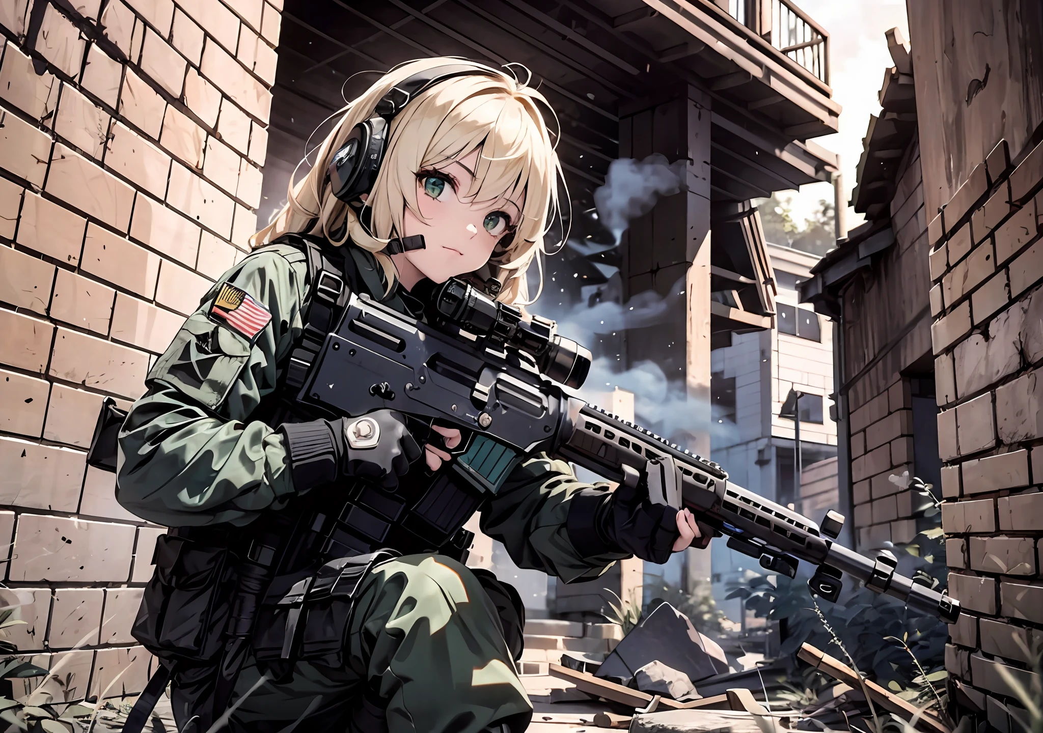 {{Masterpiece, top quality, highly detailed CG, unified 8k wallpaper, movie lighting, lens flare}}, 1 girl holding a rifle through the wall, wide view, thick body, long blonde hair that floats, green eyes, (holding a weapon, holding a rifle, aiming, aiming: 1.4), gun, h&k hk416, carbine, open fire, rubble, ruins of conflict areas, plumes, nitric smoke, blast waves, Flying bullets, fellow soldiers, sniper, 35mm, f/1.8
