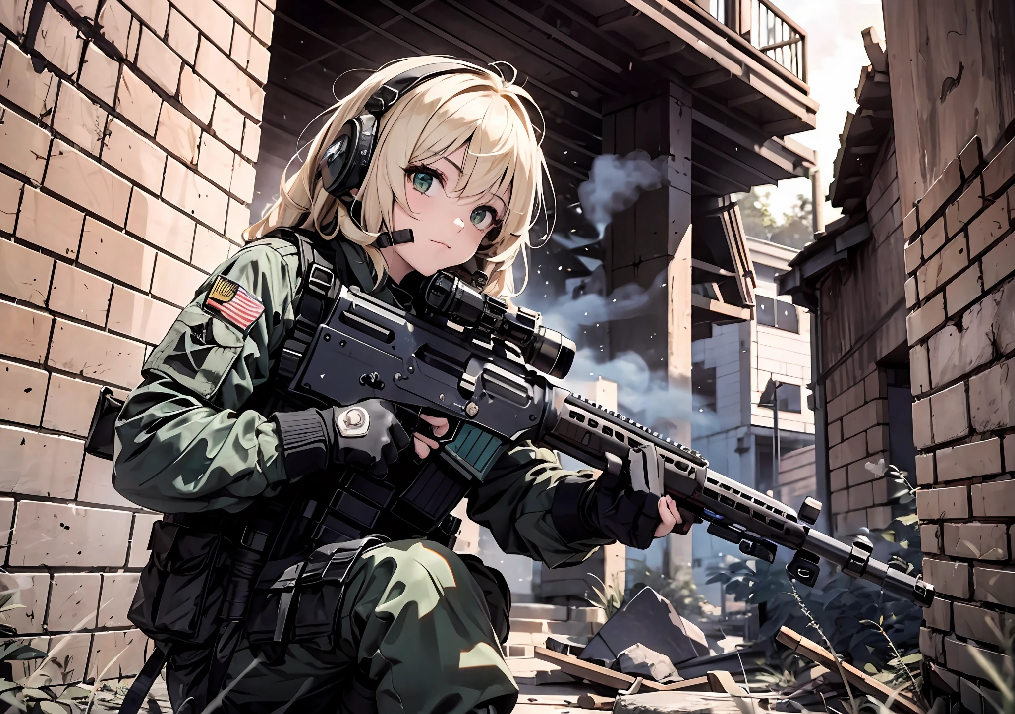 {{chef-d&#39;œuvre, Qualité supérieure, CG très détaillé, uniFied 8k wallpaper, éclairage de cinéma, lens Flare}}, 1 girl holding a riFle through the wall, Grand angle de vue, corps épais, long blonde hair that Floats, yeux verts, (tenir une arme, holding a riFle, visée, visée: 1.4), Pistolet, h&K HK416, carabine, open Fire, décombres, ruins oF conFlict areas, Panaches, fumée nitrique, vagues de souffle, Balles volantes, Fellow soldiers, Tireur d&#39;élite, 35mm, F/1.8