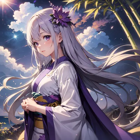 Highest image quality Original character, shining bamboo forest, volume lighting, purple and silver gradient long hair, summer kimono, background painting Ghibli wind, ground is the sea, purple cumulonimbus clouds, dusk, starry sky, surrounded by purple li...