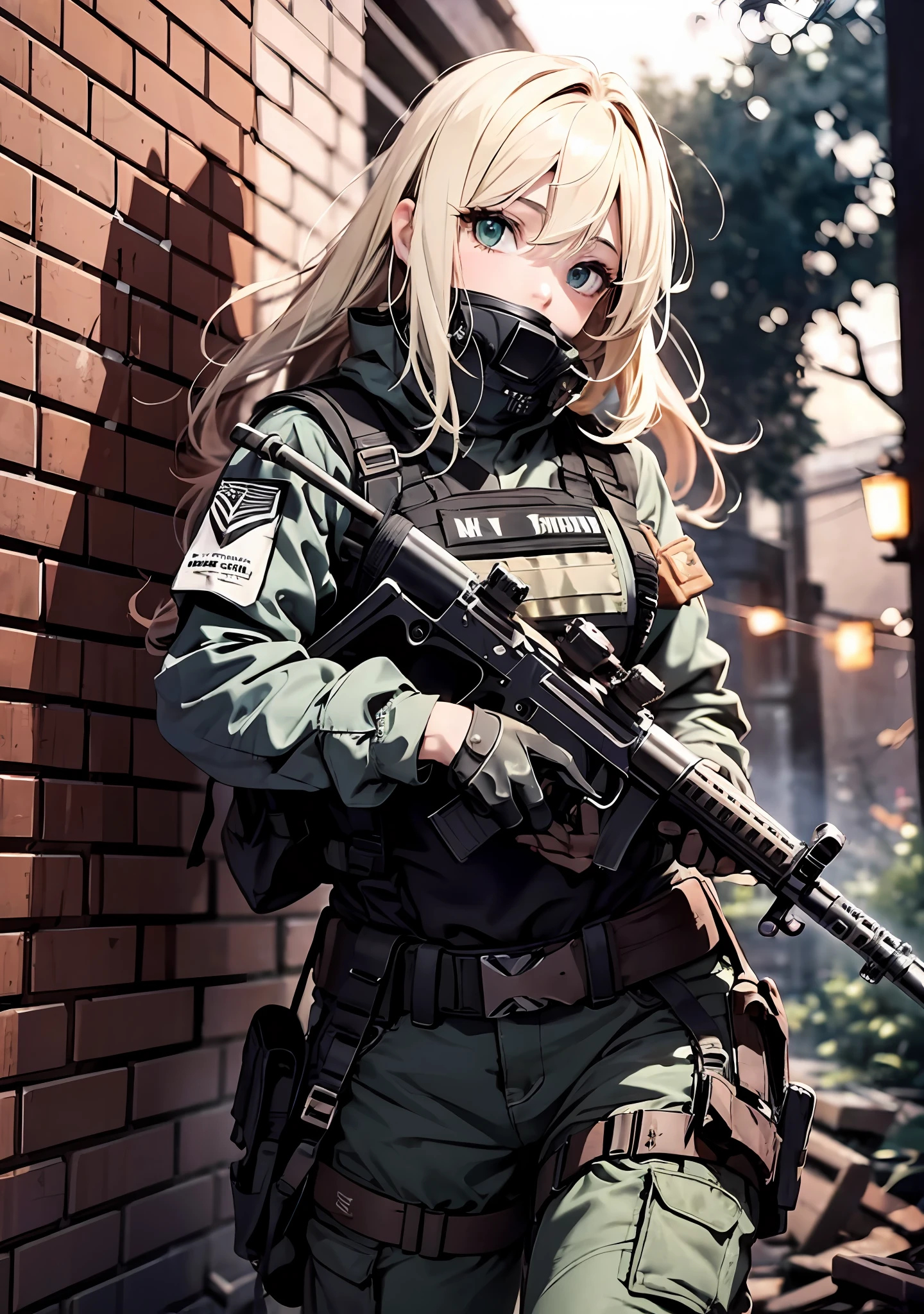 {{Masterpiece, top quality, highly detailed CG, unified 8k wallpaper, movie lighting, lens flare}}, 1 girl holding a rifle through the wall, wide view, thick body, long blonde hair soaring in the wind, green eyes, (holding a weapon, holding a rifle, aiming, aiming: 1.4), gun, h&k hk416, carbine, open fire, rubble, ruins of conflict areas, plumes, nitric smoke, blast waves, Flying bullets, sniper, 35mm, f/1.8, night