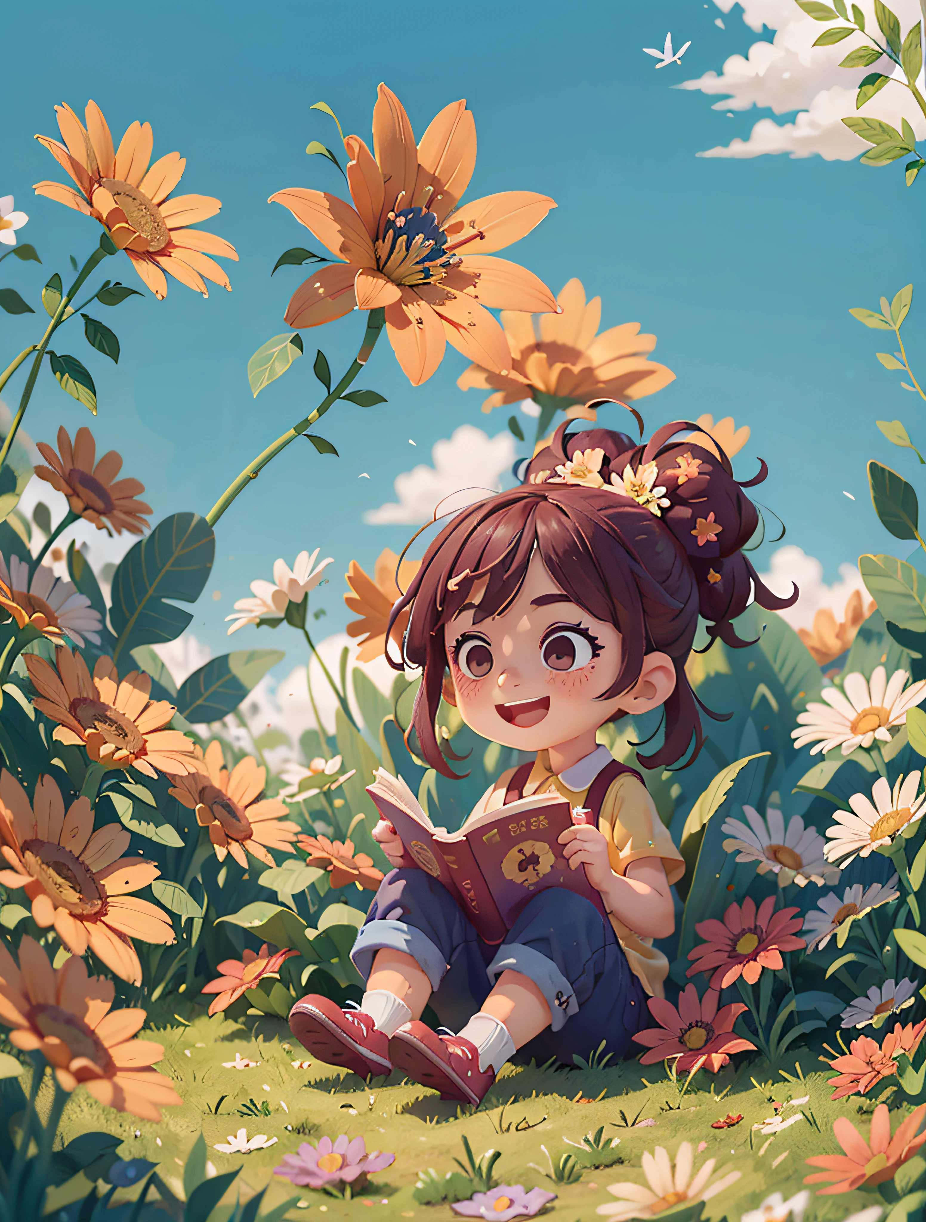 ((Best Quality)), ((Masterpiece)), 1 girl and 1 boy reading together, happy, big eyes, background is big grass, falling flowers, big blue sky and white clouds, perfect face, intricate details, clear focus, ultra-low vision, wide angle lens, v6