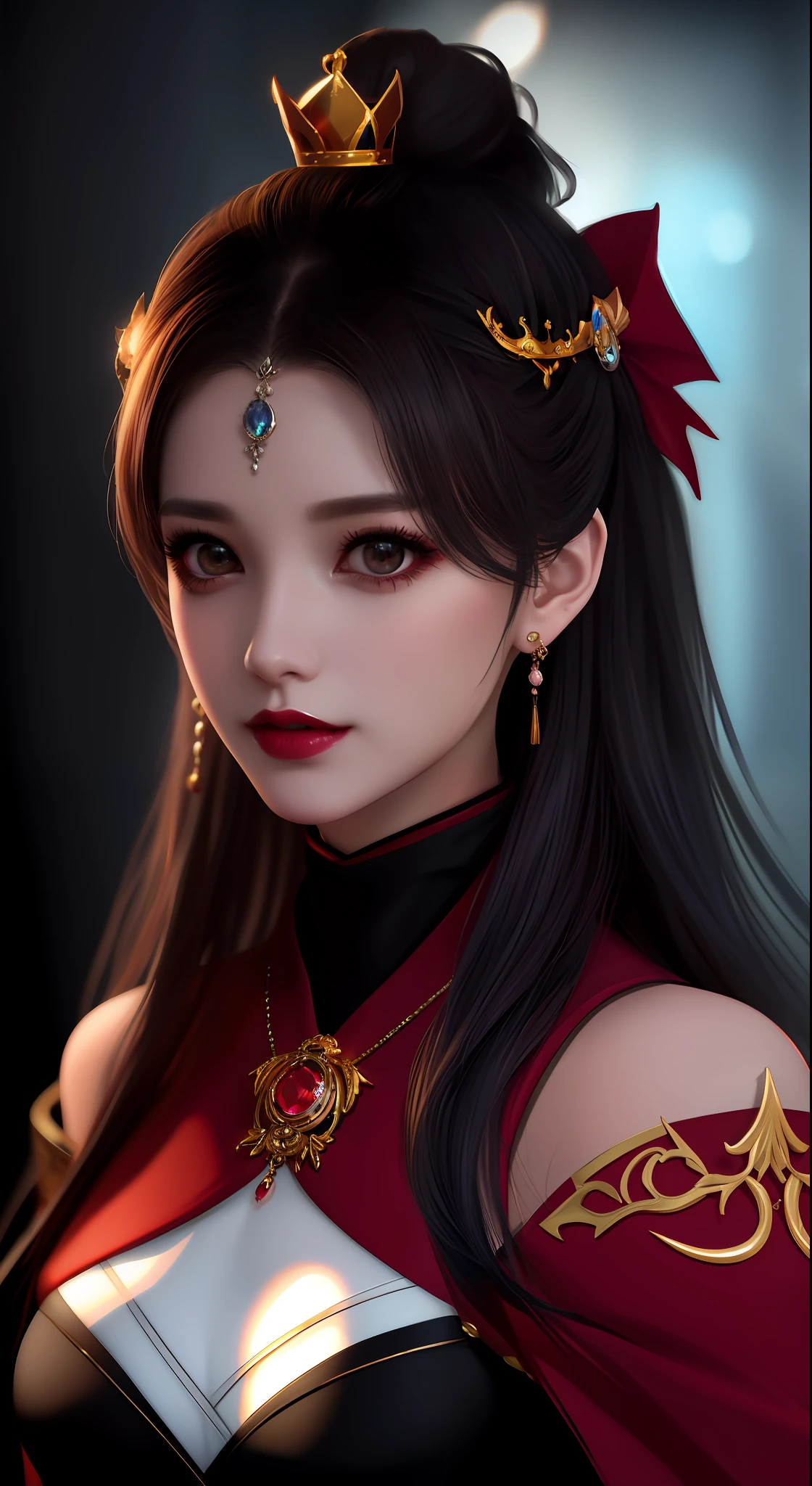 best quality, masterpiece, highres, 1girl, hanfu, white and even teeth, chinese underwear, hair ornaments, necklace, jewelry, crown jewelry. Pretty face, upper body, magic import style, tyndall effect, photorealistic, dark studio, border light, two tone light, (high detail skin: 1.2), 8k uhd, dslr, soft light, high quality, volumetric light, candid, Photo, high resolution, 4k, 8k, Bokeh, (light pink lips), 1 beautiful demon from hell, In the Dark: 1.6), surreal female portraits by David Hockney and Alphonse Mucha, fantasy art, photorealism, dynamic lighting, station art, posters, volumetric lighting, highly detailed faces, super 8k, Awarded, in the dark, deep shadow, low light, cowboy lens, (Red phoenix dress: 1.4), long hair, black hair, bust, palace luxury, Royal style, crown devil, red eyes with very sharp and detailed makeup, Best face, Very big and round and round breasts, Surreal, chinese women's clothes, turtleneck polo shirt, charming smile, Beautiful eyes makeup, guweiz, devil style, black mesh stockings, ponytail with a bow at the back, dark red lips, Devil tattoo on shoulder, wearing a thin red and black shirt , cape, overcast and thundering landscape, (Portrait), Protagonist Close-up, (Background detail 1.8),