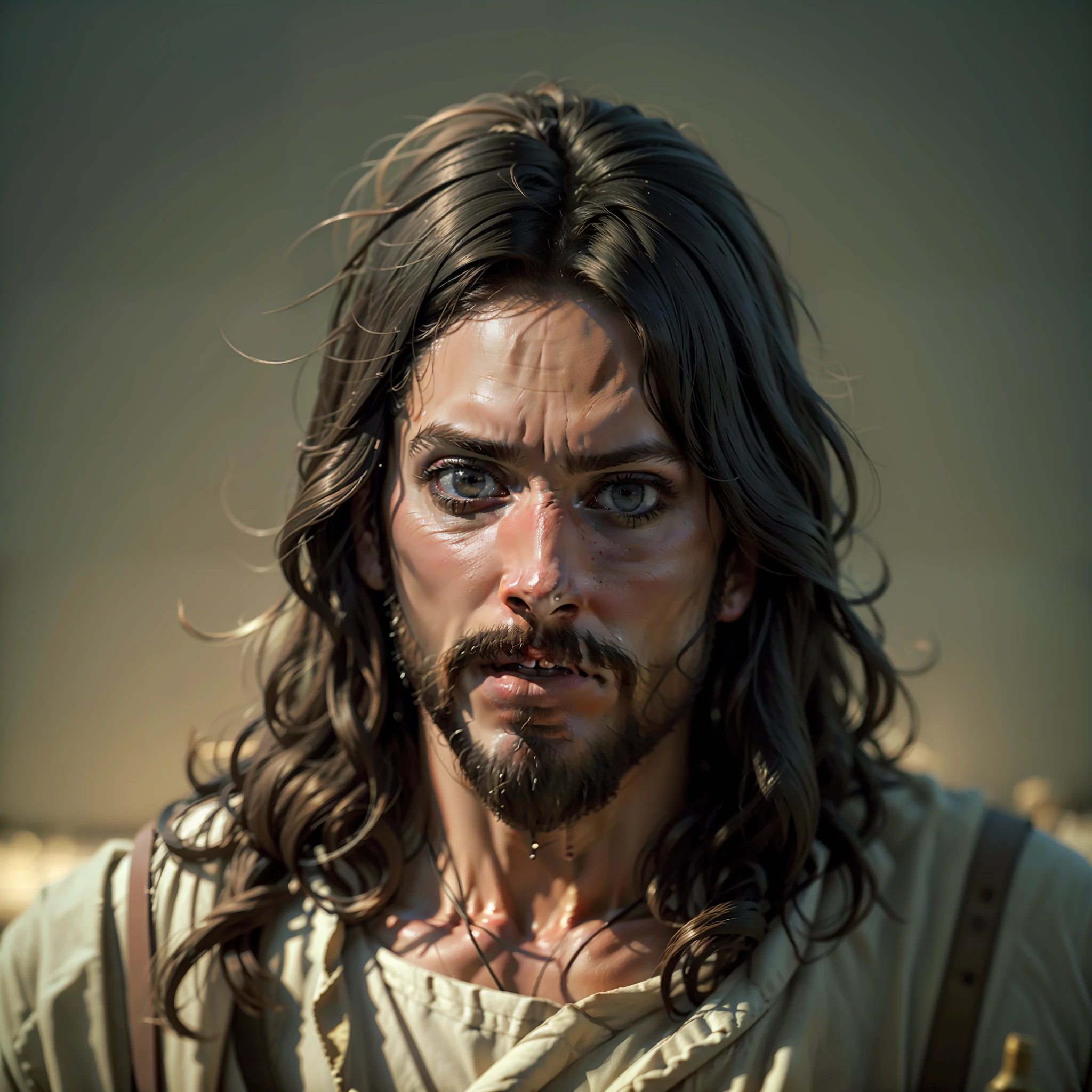 retrato do Jesus moderno, cena de guerra, Médio Oriente, colina, Israel, Jerusalém, iluminação cinematográfica, profundidade de campo, Bokeh, Realismo, fotorrealista, hyperRealismo, fotografia profissional, Ultra HD, DSLR, HDR, 4K