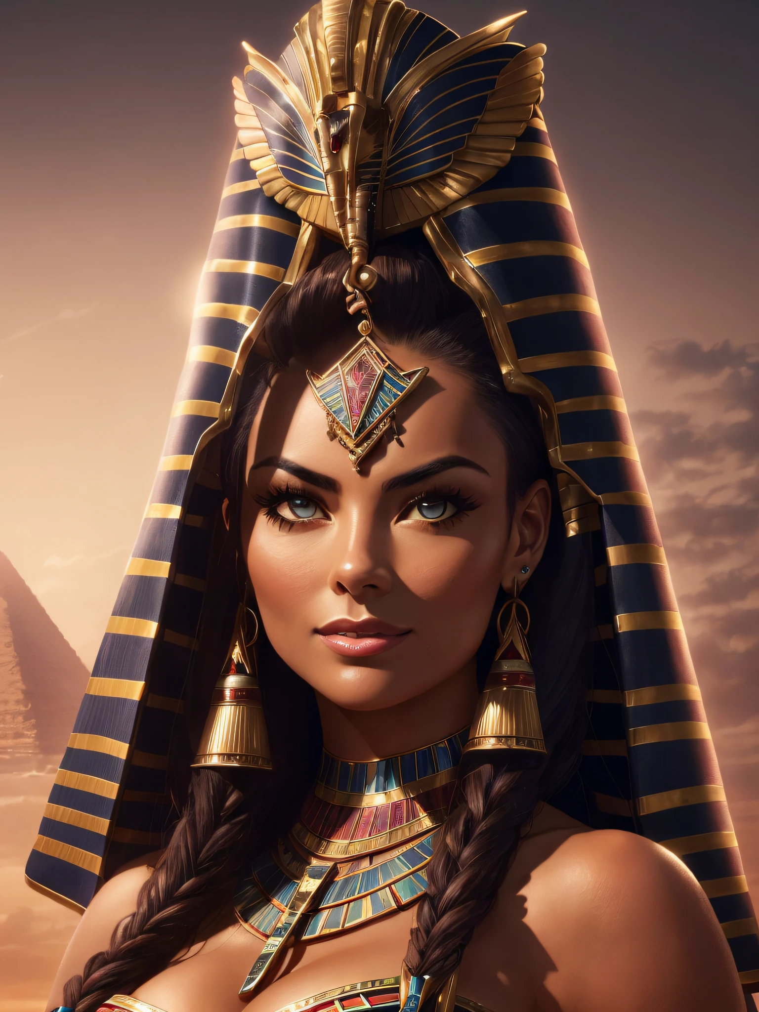 (extrem detailliertes Hintergrundbild der CG 8k-Einheit), Ägyptische Frau (carmen-elektra), Extrem detailliert, Perfektes Gesicht, lockiges dunkles Haar, im Ambiente des alten Ägypten, dunkle Haut mit leichtem Glanz, Dämmerung Licht leicht Geist hoch, mit ägyptischem Tattoo, geheimnisvoller Blick, und ein leichtes Lächeln auf ihrem Gesicht, (Extrem detailliert eyes).