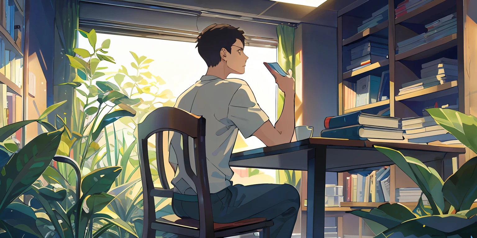 (masterpiece:1.2), best quality,PIXIV, The Garden of Words,
1boy, male focus, sitting, solo, from behind, indoors, shirt, book, black hair, short hair, facing away, book stack, table