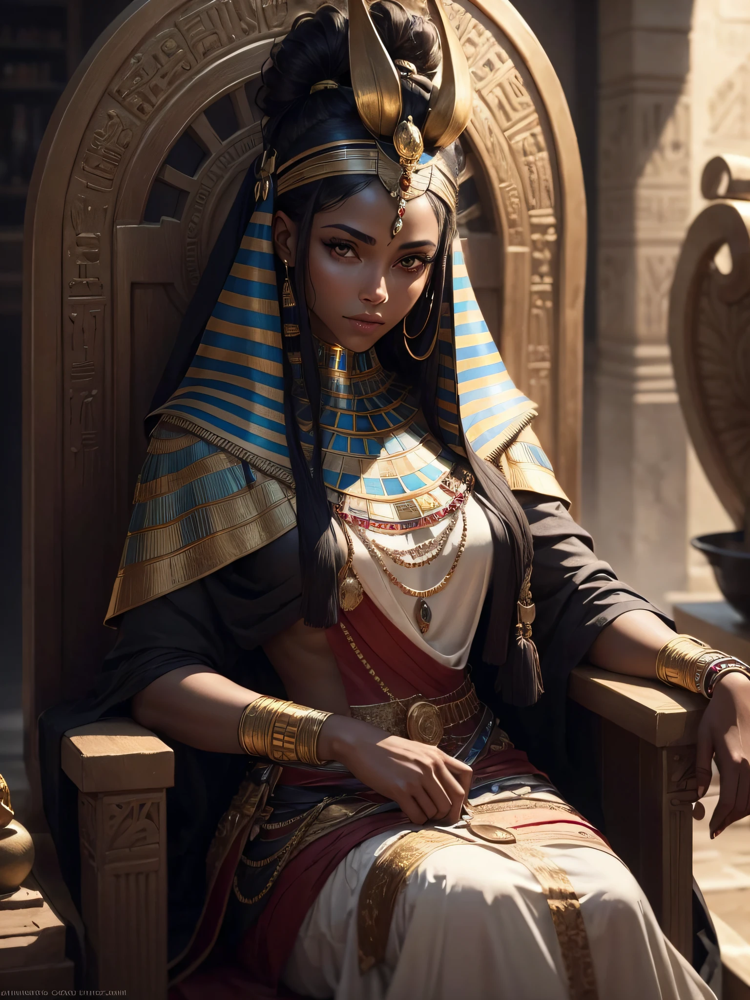 (extremely detailed wallpaper of the CG 8k unit), Egyptian woman, ultra detailed, perfect face, curly dark hair, in the scenery of ancient Egypt sitting on her throne, dark skin with a slight glow, twilight light slightly mind high, with Egyptian tattoo, mysterious look, and a faint smile on her face, (ultra detailed eyes).