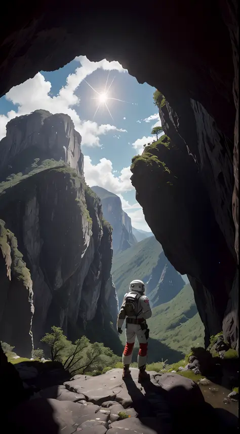 (35mmstyle:1.2), highly detailed RAW color photo, back corner, full body, (female space marine, wearing white and red spacesuit, futuristic helmet, tinned mask, rebreather, prominent loot), outdoors, (standing on a cliff tall Rocky Mountains, looking out a...