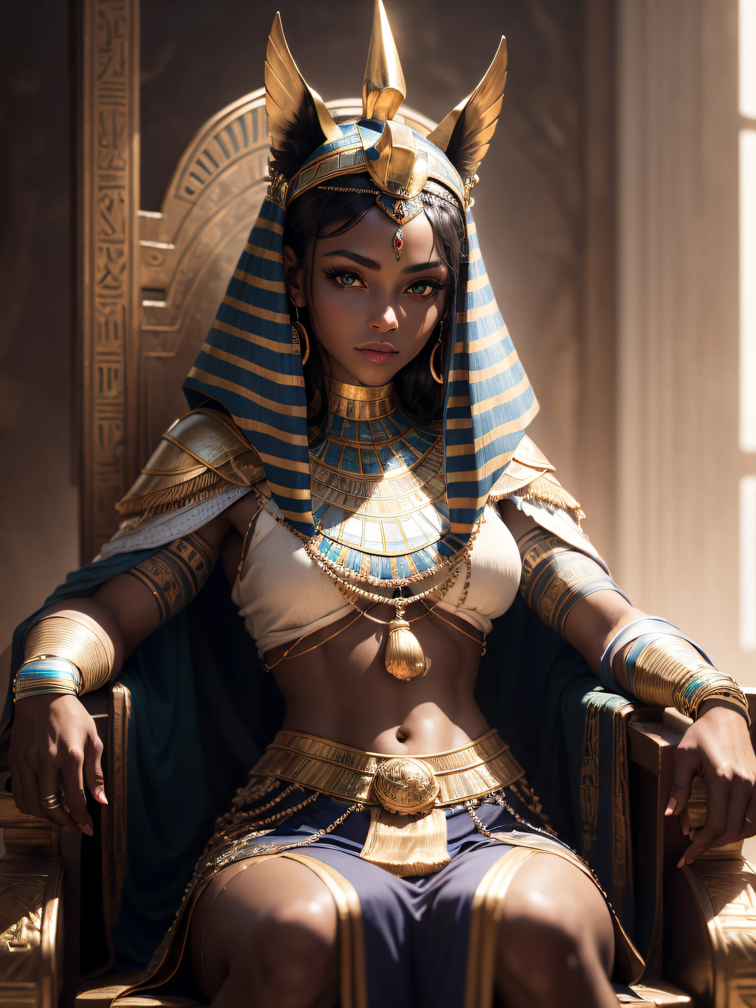 (extremely detailed wallpaper of the CG 8k unit), Egyptian woman, ultra detailed, perfect face, short dark hair, in an Egyptian armor, in the setting of ancient Egypt sitting on her throne, dark skin with a slight glow, twilight light slightly mind high, mysterious look, and a slight smile on her face, (ultra detailed eyes).