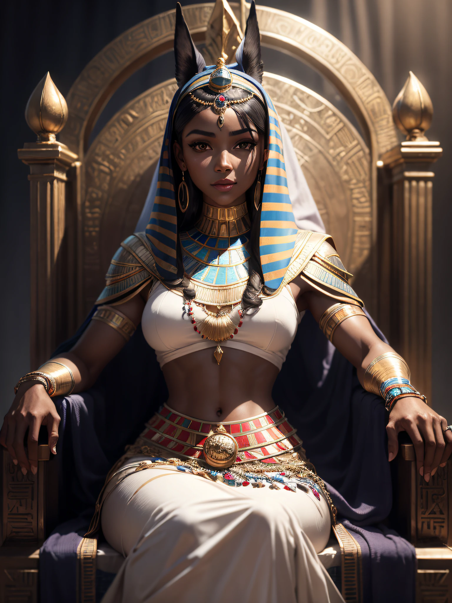 (extremely detailed wallpaper of the CG 8k unit), Egyptian woman, ultra detailed, perfect face, short dark hair, in an Egyptian armor, in the setting of ancient Egypt sitting on her throne, dark skin with a slight glow, twilight light slightly mind high, mysterious look, and a slight smile on her face, (ultra detailed eyes).