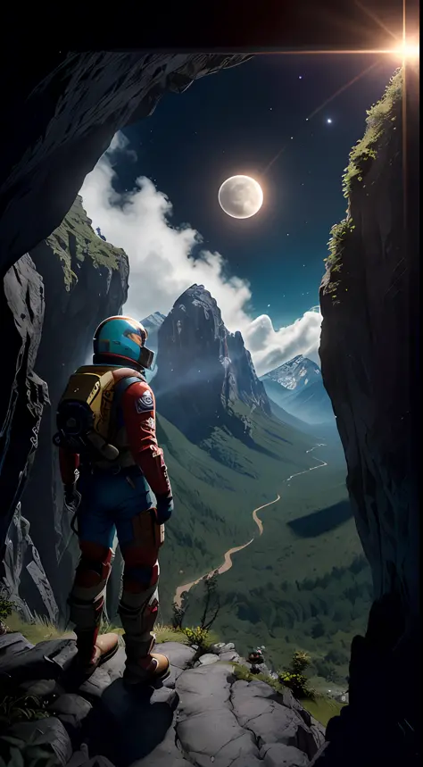 (35mmstyle:1.2), highly detailed RAW color photo, back corner, full body, (female space marine, wearing white and red spacesuit, futuristic helmet, tinned mask, rebreather, prominent loot), outdoors, (standing on a cliff tall Rocky Mountains, looking out a...