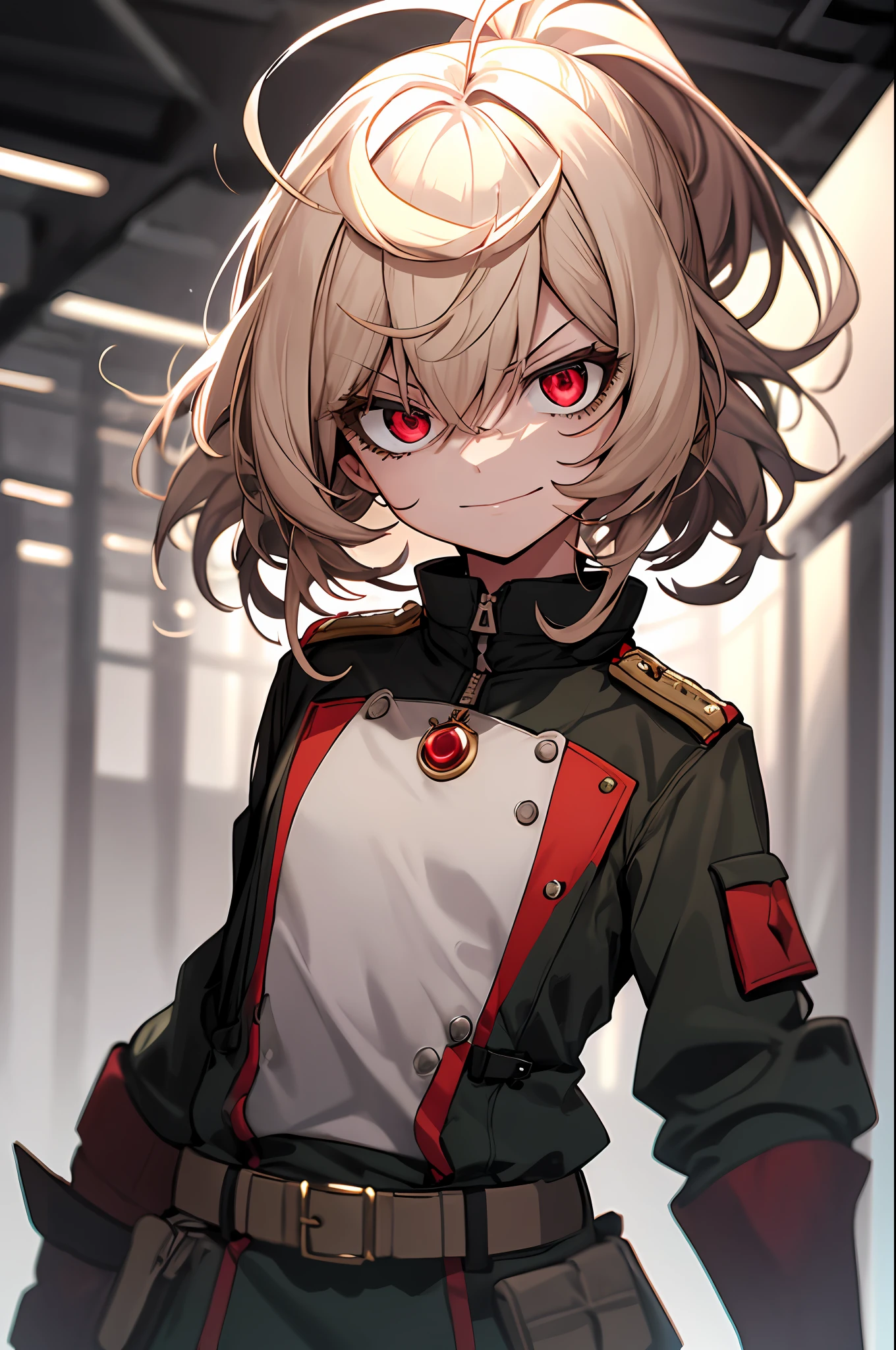 (masterpiece, best quality: 1.1), 1girl solo, tanya, 1girl, solo, petite, flat chest, small breasts, curvy, military, military uniform, ,, evil smile, wicked expression, anger, red eyes, neutral lighting