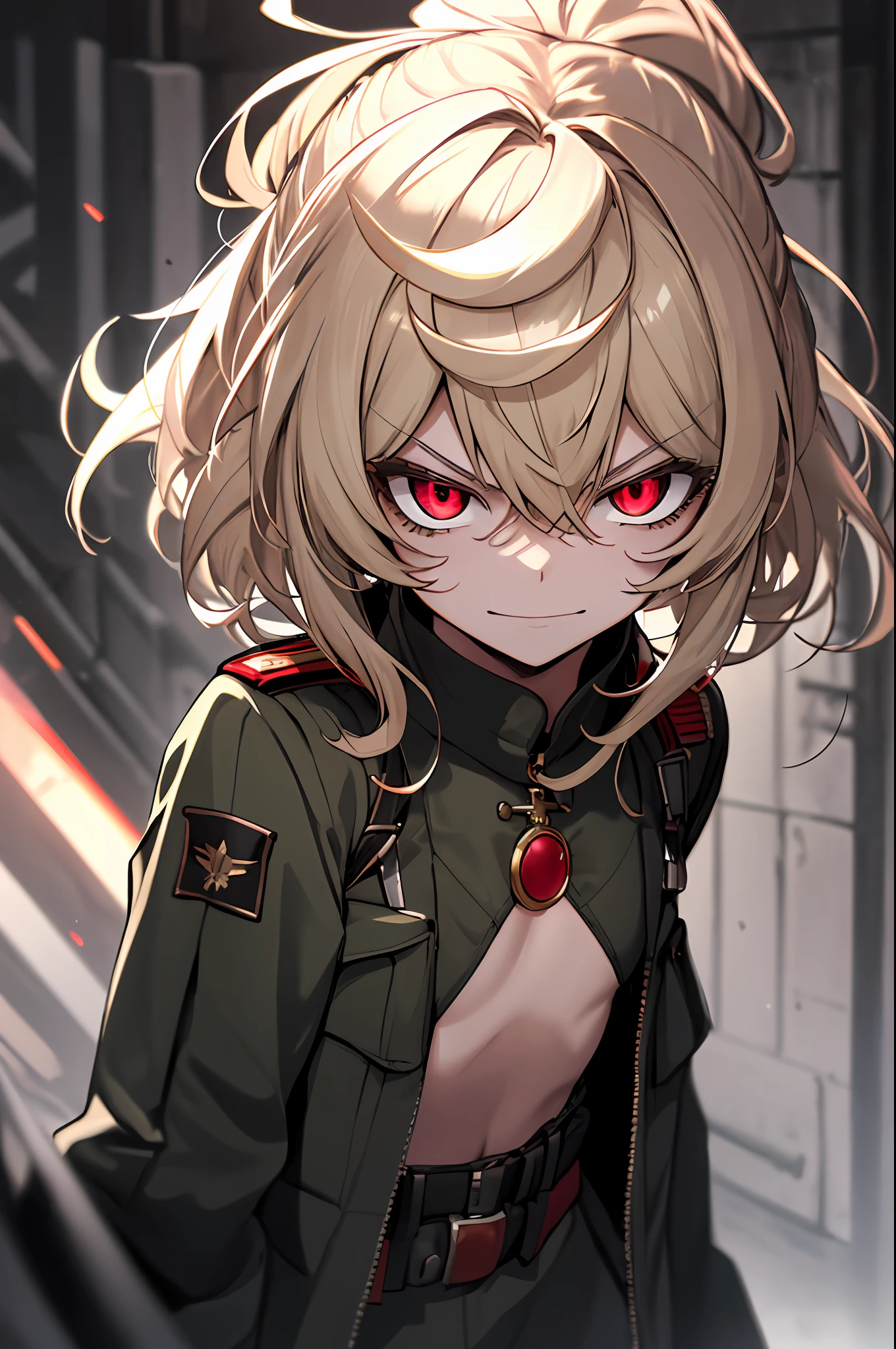 (masterpiece, best quality: 1.1), 1girl solo, tanya, 1girl, solo, , flat chest, small breasts, curvy, military, military uniform, ,, evil smile, wicked expression, anger, red eyes, neutral lighting