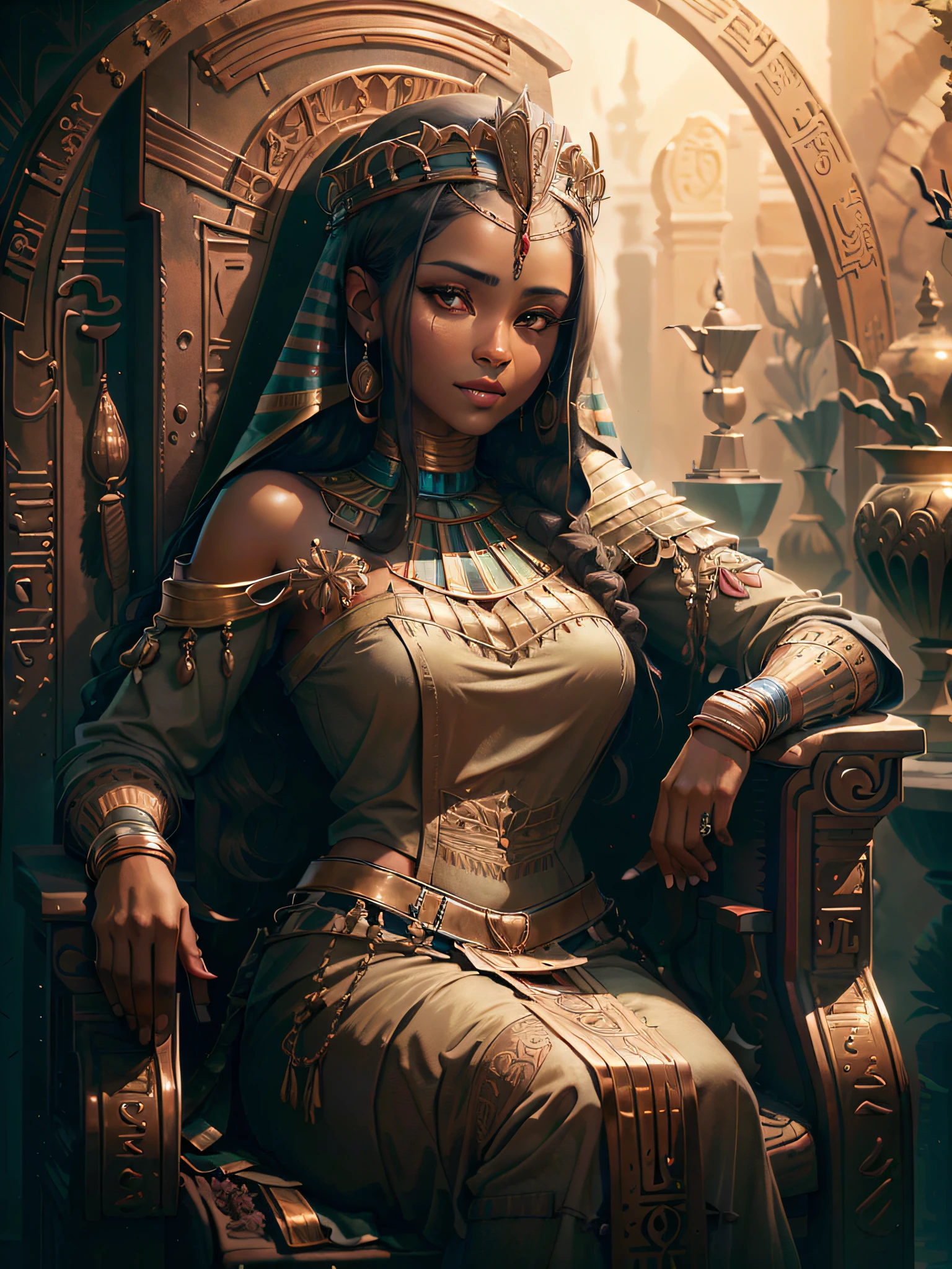 (extremely detailed wallpaper of the CG 8k unit), Egyptian woman, ultra detailed, perfect face, curly dark hair, in the setting of ancient Egypt sitting on her throne,(cinematic setting), dark skin with a slight glow, twilight light slightly high mind, mysterious look, and a slight smile on her face, (ultra detailed eyes).