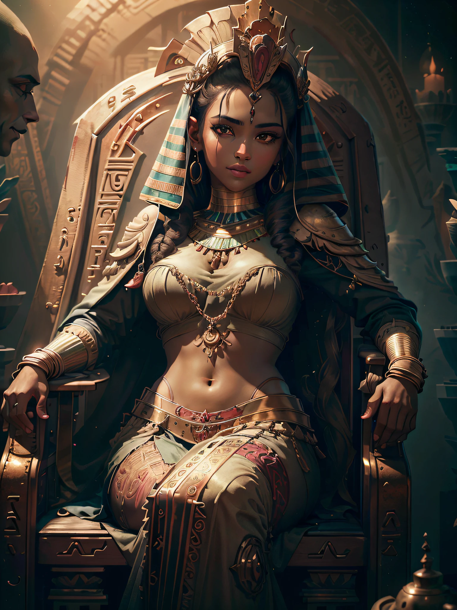 (extremely detailed wallpaper of the CG 8k unit), Egyptian woman, ultra detailed, perfect face, curly dark hair, in the setting of ancient Egypt sitting on her throne,(cinematic setting), dark skin with a slight glow, twilight light slightly high mind, mysterious look, and a slight smile on her face, (ultra detailed eyes).