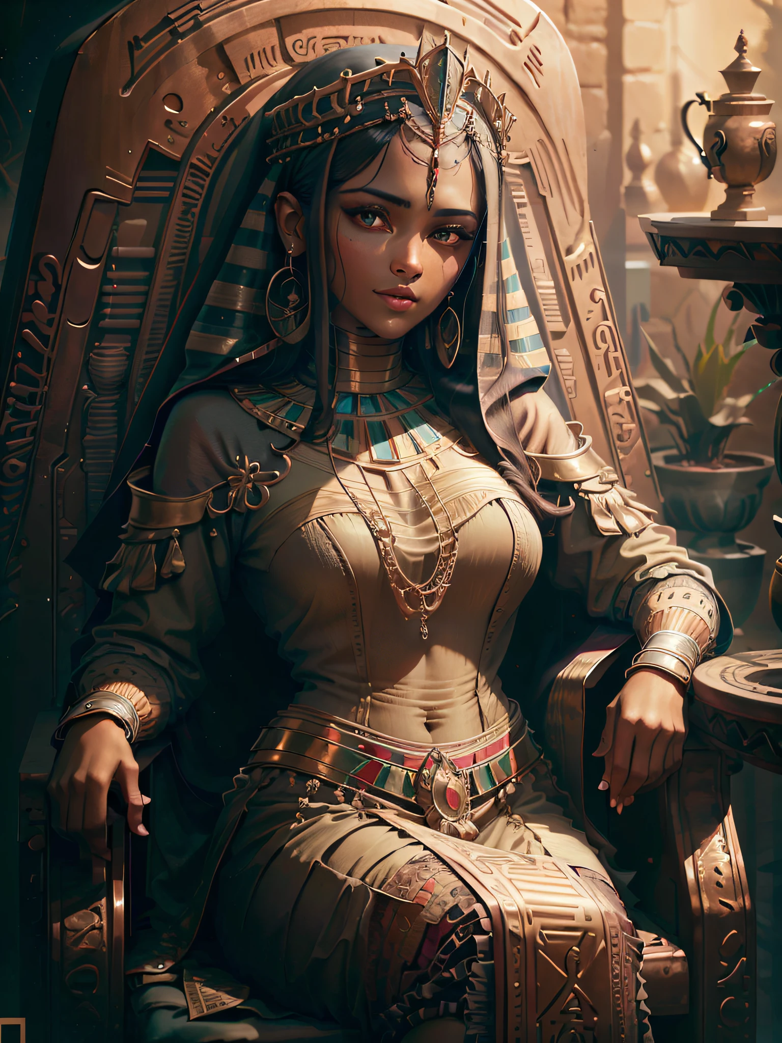 (extremely detailed wallpaper of the CG 8k unit), Egyptian woman, ultra detailed, perfect face, curly dark hair, in the setting of ancient Egypt sitting on her throne,(cinematic setting), dark skin with a slight glow, twilight light slightly high mind, mysterious look, and a slight smile on her face, (ultra detailed eyes).