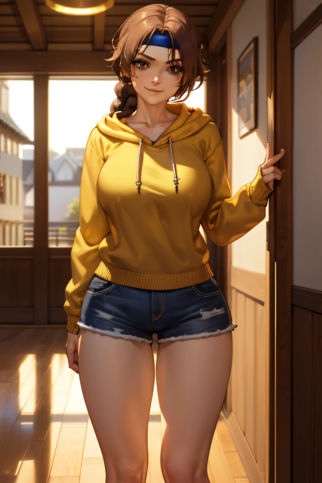 (Masterpiece, Best Quality:1.2), Solo, 1girl, Smirk, Looking at the Viewer, Realistic Eyes, bandana, long braid, Best Quality, Closed Mouth, Beautiful Lighting, Cinematic, 8K, Facial, Liner, Wooden Walls, Big Tits, Yellow Hoodie, Short Shorts, Wide Thighs, Erotica