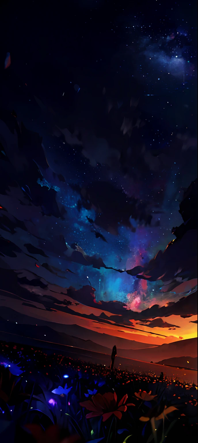 A wide landscape photo, (viewed from below, the sky is above, and the open field is below), a girl standing on a flower field looking up, (full moon: 1.2), (meteor: 0.9), (nebula: 1.3), distant mountains , Trees BREAK Crafting Art, (Warm Light: 1.2), (Firefly: 1.2), Lights, Lots of Purple and Orange, Intricate Details, Volumetric Lighting BREAK (Masterpiece: 1.2), (Best Quality), 4k, Ultra Detailed, (Dynamic Composition: 1.4), Rich in Detail and Color, (Rainbow Color: 1.2), (Glow, Atmospheric Lighting), Dreamy, Magical, (Solo: 1.2)