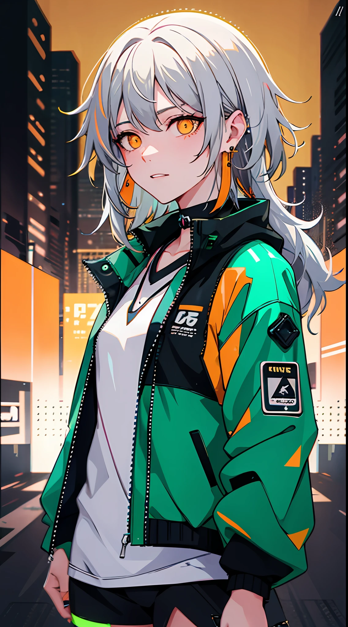 ((cowboy shot, silver hair:1.9)), masterpiece, best quality, night, (asian shopping district, street, buildings, skyscraper:1.4), 8k, absurdres, beautiful girl, (wearable computer:1.4), cyberpunk, cyber goth, (cyberpunkoutfit, fluorescence green accent, glowing green lines on short jacket:1.7), neon, bracelets and choker, (glowing, glow, film grain, chromatic aberration:2), (yellowish orange earrings:1.3), orange eyes, sharp focus, dark background, perspective, depth of field, (very small mechanical device, rain, HDR, facelight, sharp focus, dynamic lighting, cinematic lighting, professional shadow, extreme detailed, finely detail, real skin:0.8), (detailed eyes, sharp pupils, realistic pupils, dark back ground:0.6), (glitch effect:0.2)