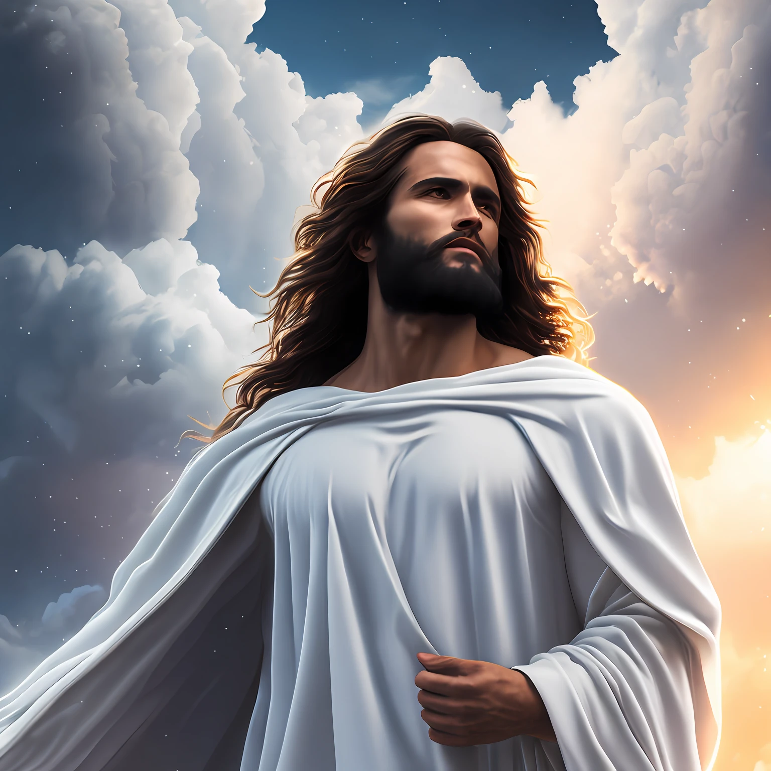 Jesus Christ with white clothes in the clouds towards the gates of heaven, insanely realistic with with soft sunset lighting, 20 megapixels, Canon EOS R3, depth of field, soft lighting, masterpiece, best quality, intricate, tone mapped, highly detailed, artstation, concept art, smooth, sharp focus, dramatic lighting, highly detailed art, cinematic, hyper realistic painting,  trend in Artstation, 8K, amazing shadows, realistic, (highly detailed background: 1.0),