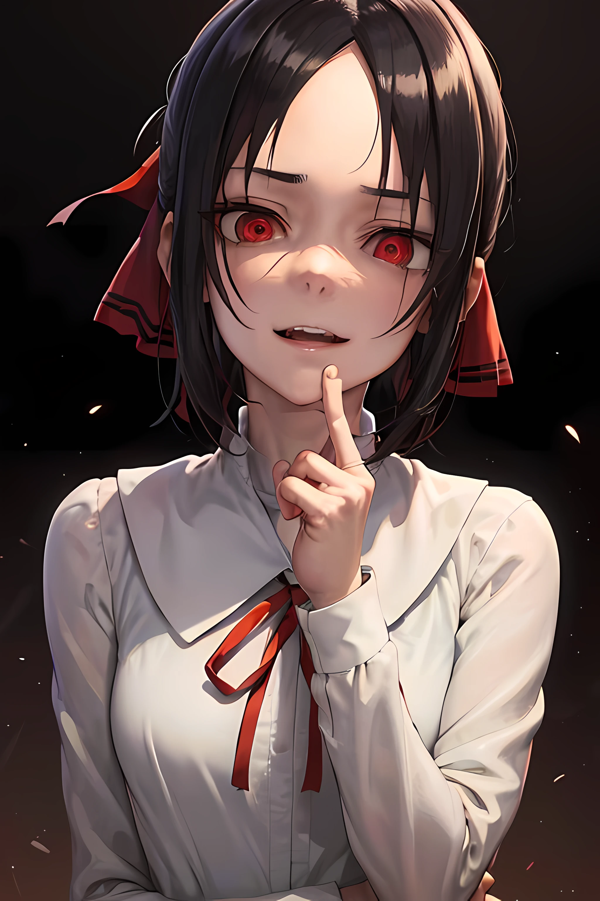 (anime style), masterpiece, 8k, best quality, 1 girl, woman, mature, portrait, academic form shuuchiin, shinomia kaguya, red ribbon, ribbon, , dress, black hair, solo, folded ponytail, hair ribbon, red eyes, side locks, parted bangs, looking at the viewer, facing the viewer, dim light, upper body (hand on chin: 1.4), (creepy look:1.6), below portrait,  looking down, dark light (dark background:1.7), black, night, facing the viewer, lightning, blank background, half-open mouth, wide smile, happy, empty eyes, (face shadow: 1.3), (empty eyes:1.3), hand closed (look up:1.2), shadows (right hand down: 1.6),