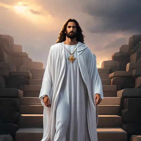 Concept art of Jesus Christ with white clothes in the clouds towards the gates of heaven, full body photo, wide photo, insanely ...