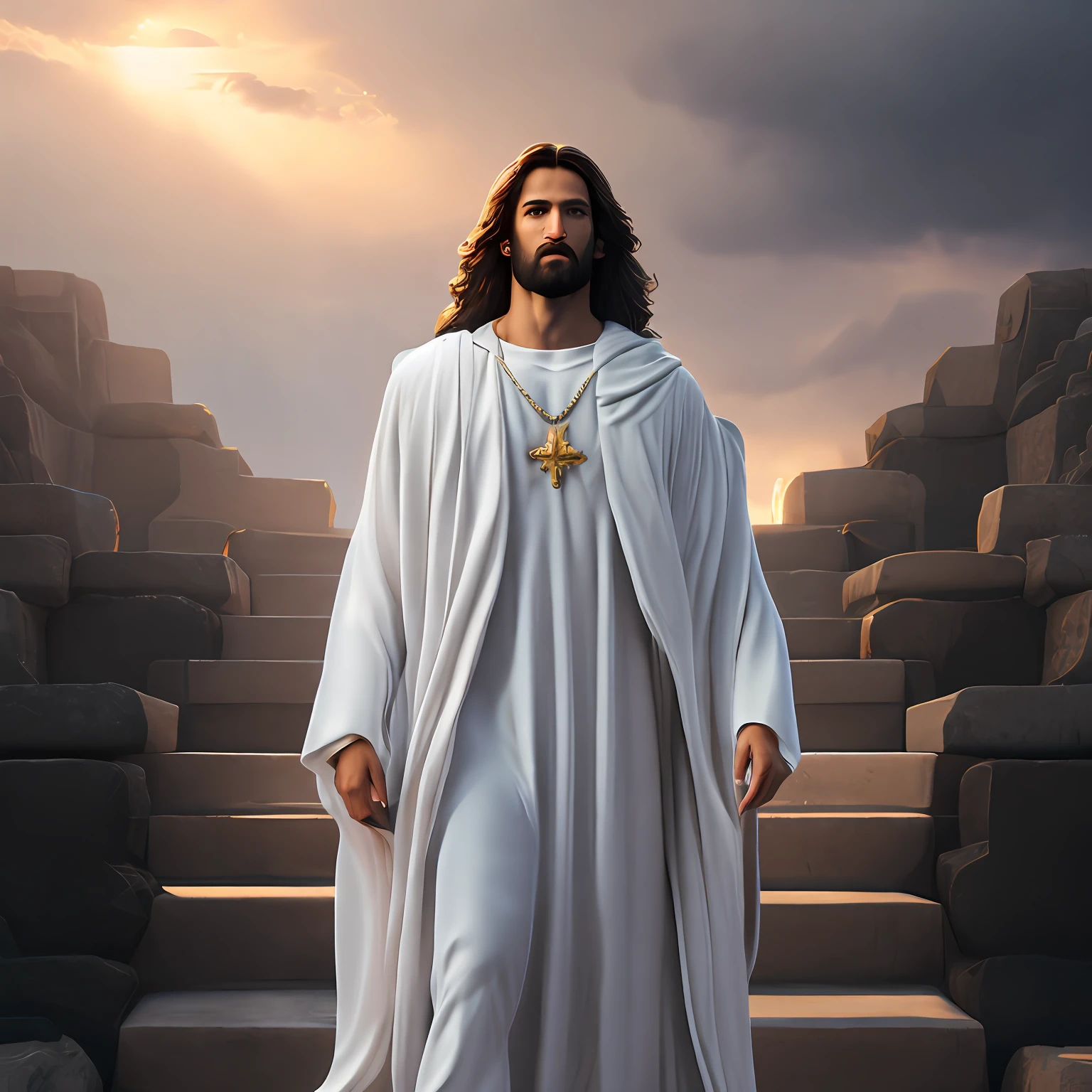 Art conceptuel de Jésus-Christ avec des vêtements blancs dans les nuages vers les portes du ciel, photo du corps entier, photo large, insanely Réaliste with with soft sunset lighting, avec une peau détaillée avec des muscles du visage et une peau avec des pores, 20 mégapixels, Canon EOS R3, profondeur de champ, éclairage doux, chef-d&#39;œuvre, Meilleure qualité,  complexe, ton mappé, très détaillé, Station artistique, lisse, netteté, Éclairage dramatique, très détaillé art, Cinématique, hyper Réaliste painting, Tendance dans Artstation, 8k, des ombres étonnantes, Réaliste, (très détaillé background: 1.0),