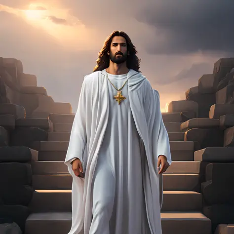 Concept art of Jesus Christ with white clothes in the clouds towards the gates of heaven, full body photo, wide photo, insanely ...