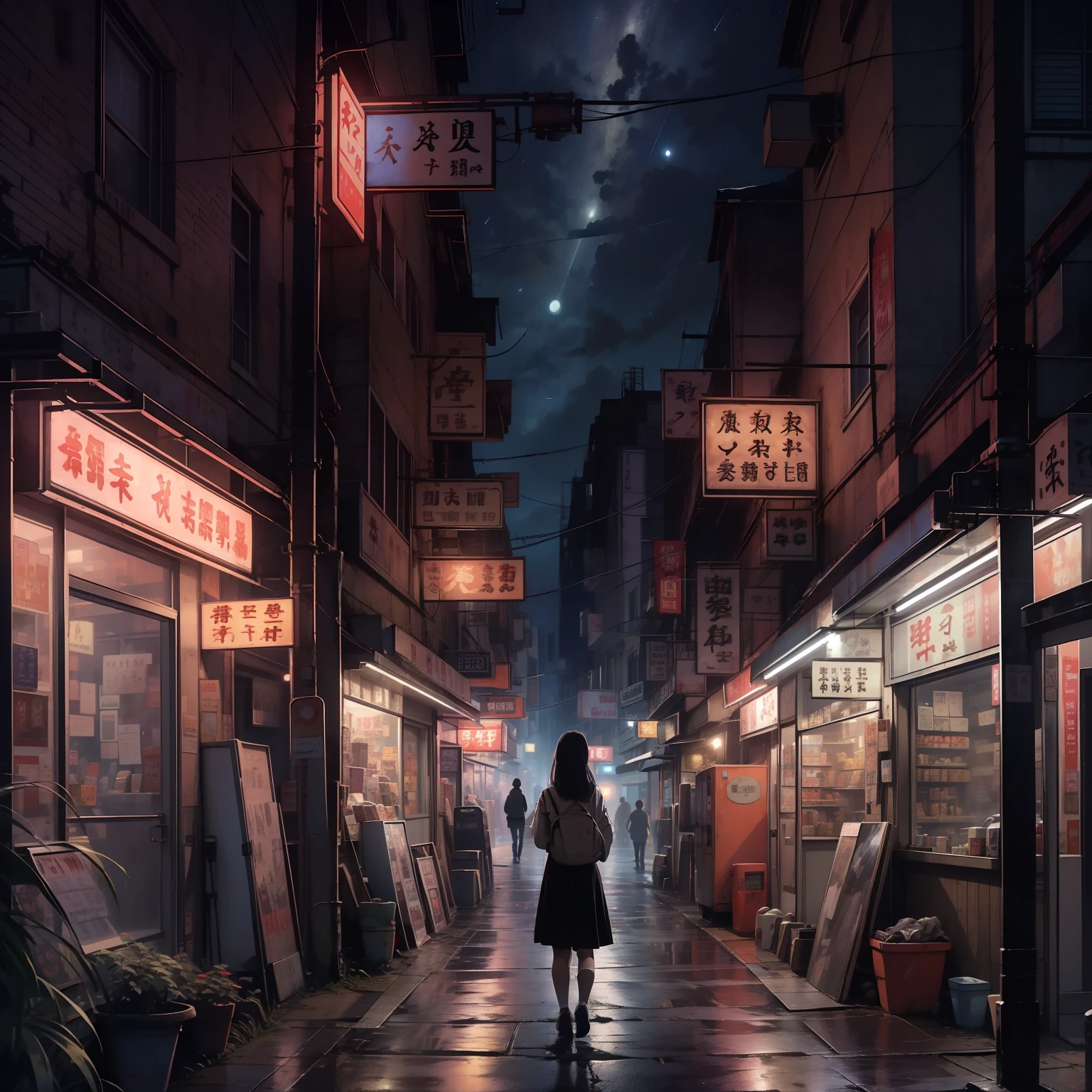 A nostalgic digital painting inspired by the enchanting world of Studio Ghibli. The artwork depicts a charming, small-town street at night, exuding a sense of tranquility and wonder. The scene is set for a cinematic moment, reminiscent of a scene from a Ghibli film. In the composition, a solitary junior high school girl stands in contemplation, her back turned to the viewer, emanating a touch of melancholy. The world around her is beautifully detailed, capturing the essence of a nostalgic atmosphere. The sky above is adorned with a breathtaking display of stars, evoking a feeling of wistful reminiscence that resonates with viewers of all ages.