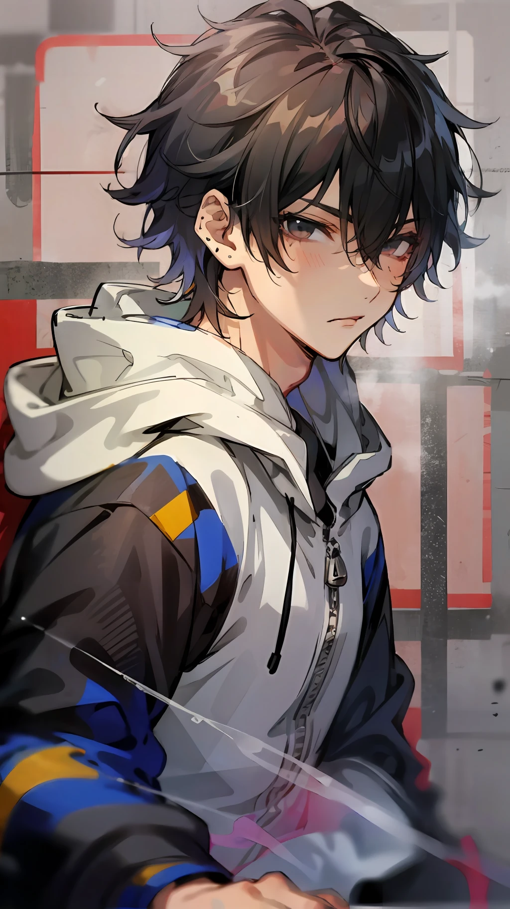 1boy, solo, looking at viewer, male focus, buster bros, 19 years, black eyes,piercing look,bangs, black hair, hair between eyes, soft under eye, white hood, white hood, close-up