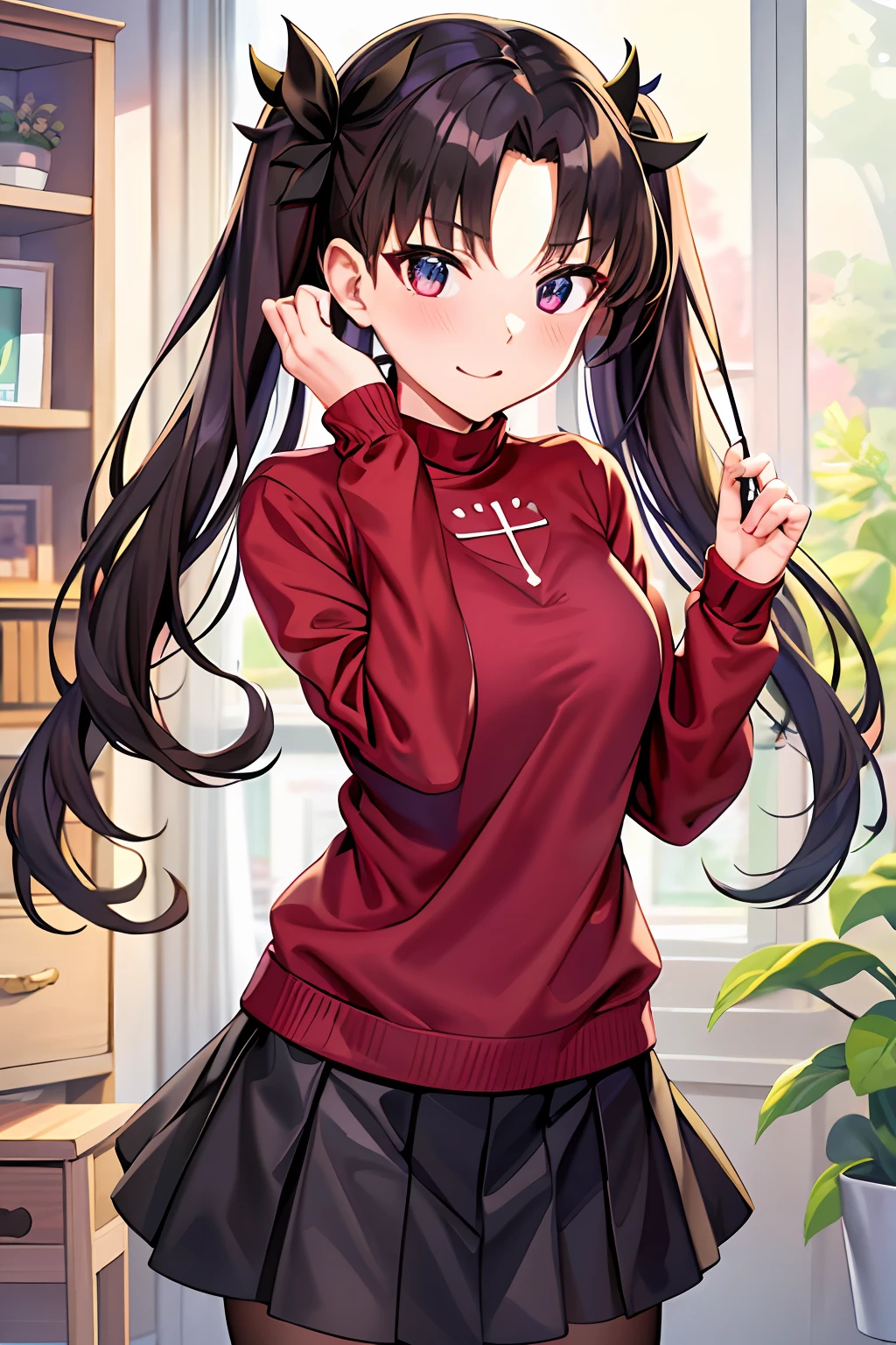 (best quality), [masterpiece], ((beautiful:0.75) cute girl:0.75), [clear and clean] pixiv (illustration), ((RinTohsaka)), black hair, black skirt, red sweater,  twintails,