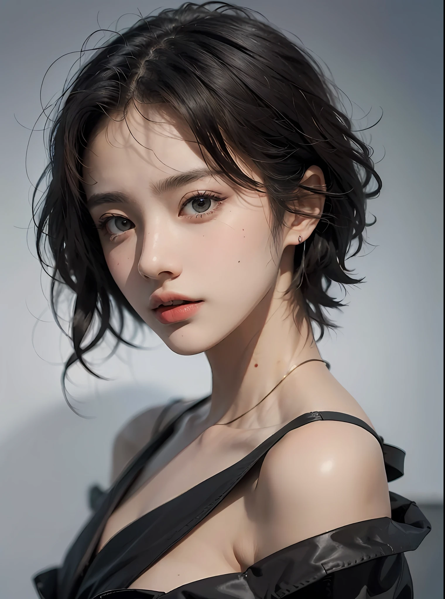Best quality, masterpiece, ultra high res, (photorealistic:1.5), raw photo, 1girl, offshoulder, in the dark, deep shadow, low key, cold light, sexy look, short hair