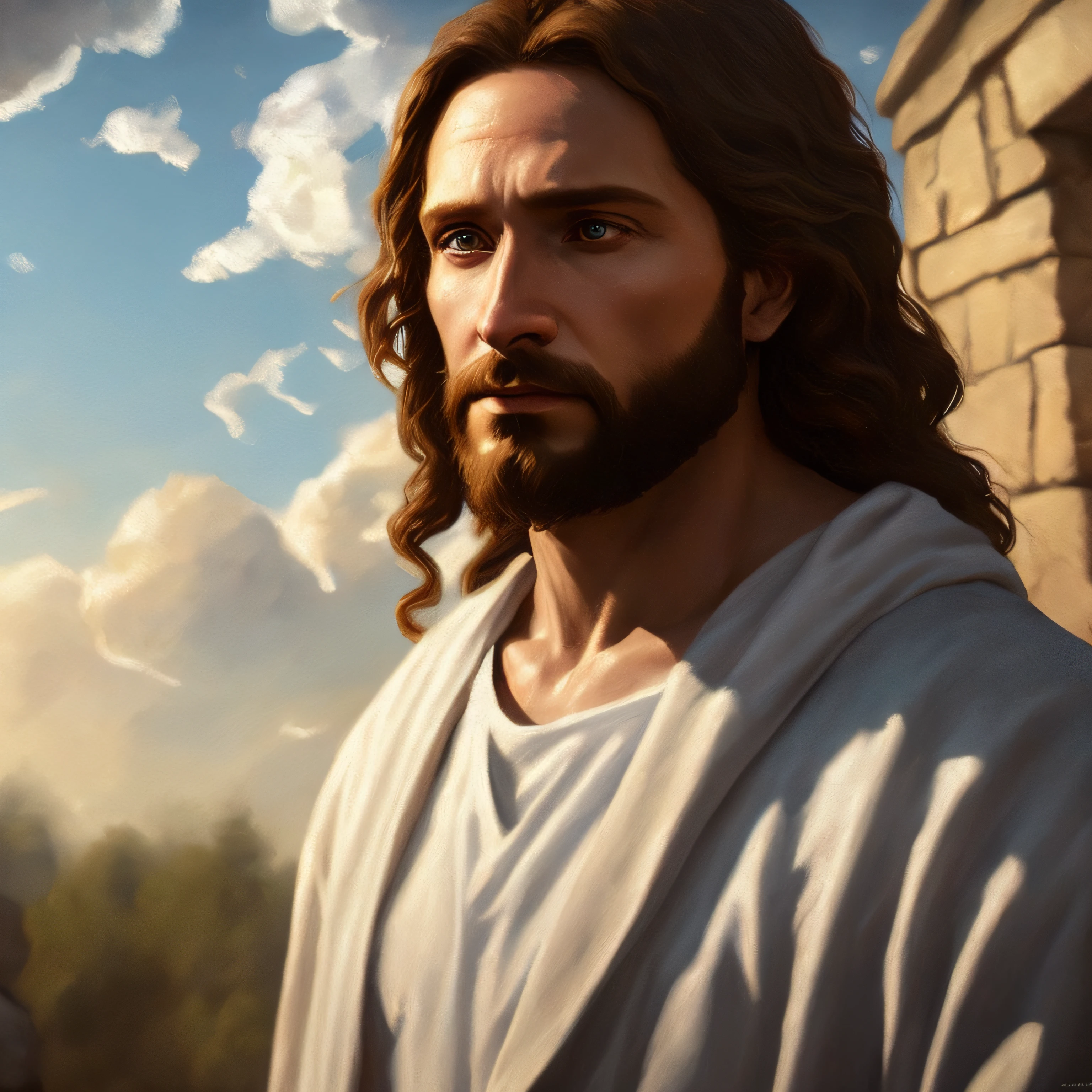 Concept art of Jesus Christ with white clothes in the clouds towards the gates of heaven, full body photo, wide photo, insanely realistic with with soft sunset lighting, with detailed skin with face muscles and skin with pores, 20 megapixels, Canon EOS R3, depth of field, soft lighting, masterpiece, best quality,  intricate, tone mapped, highly detailed, artstation, smooth, sharp focus, dramatic lighting, highly detailed art, cinematic, hyper realistic painting, trend in Artstation, 8K, amazing shadows, realistic, (highly detailed background: 1.0),