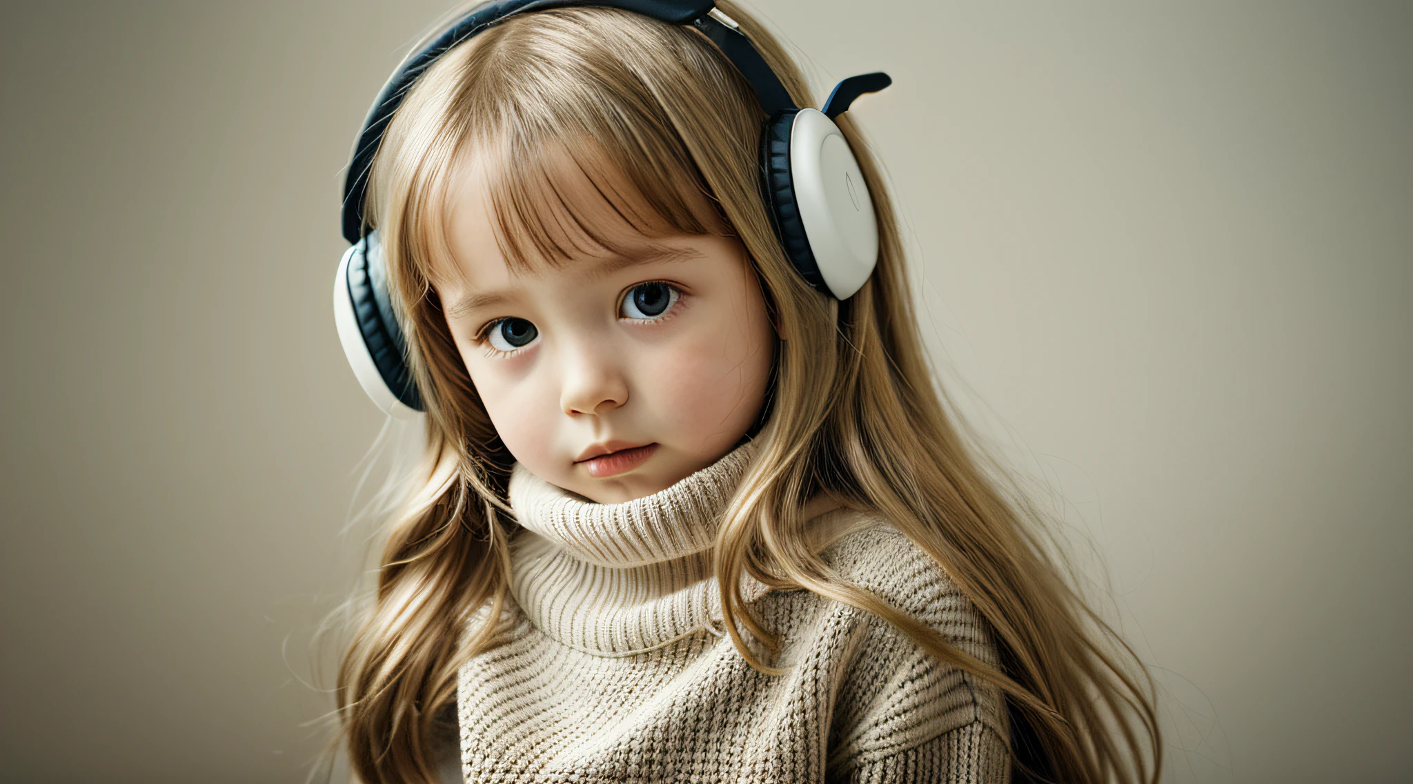 CHILD girl with long blonde hair wearing a white sweater and muffled black ears.