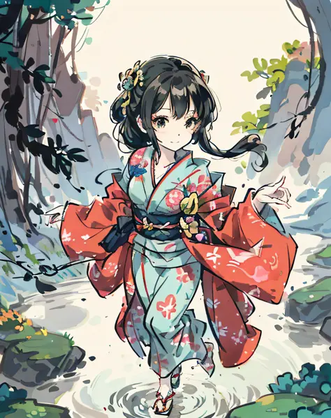 Close-up of a person walking in water in a kimono, Gouviz style artwork, Beautiful anime artwork, Beautiful artwork illustration...