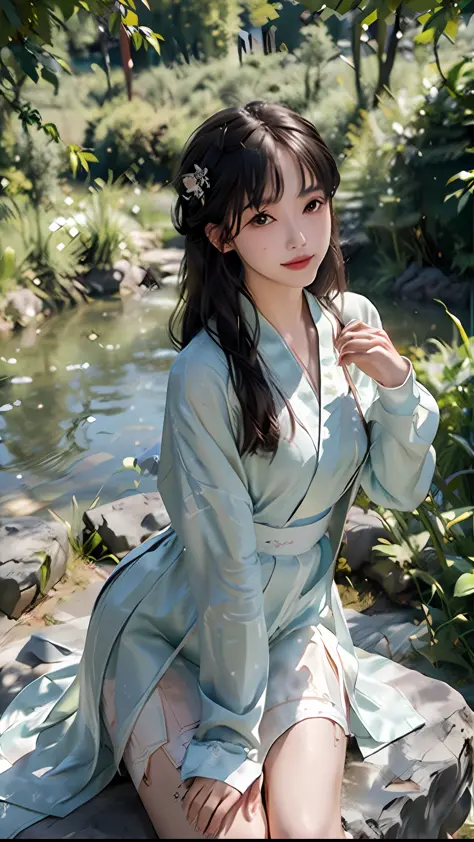 woman sitting on a rock near a river in a green robe, hanfu, palace ， a girl in hanfu, white hanfu, sakimichan, with acient chin...