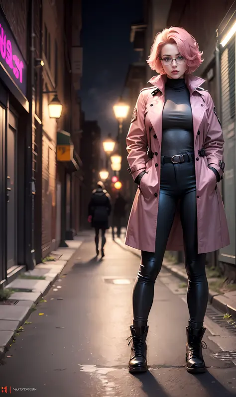 Character: one french woman, detective, slim body, slim, pink hair. shaved  side haircut) (Clothing: pink trench coat - SeaArt AI