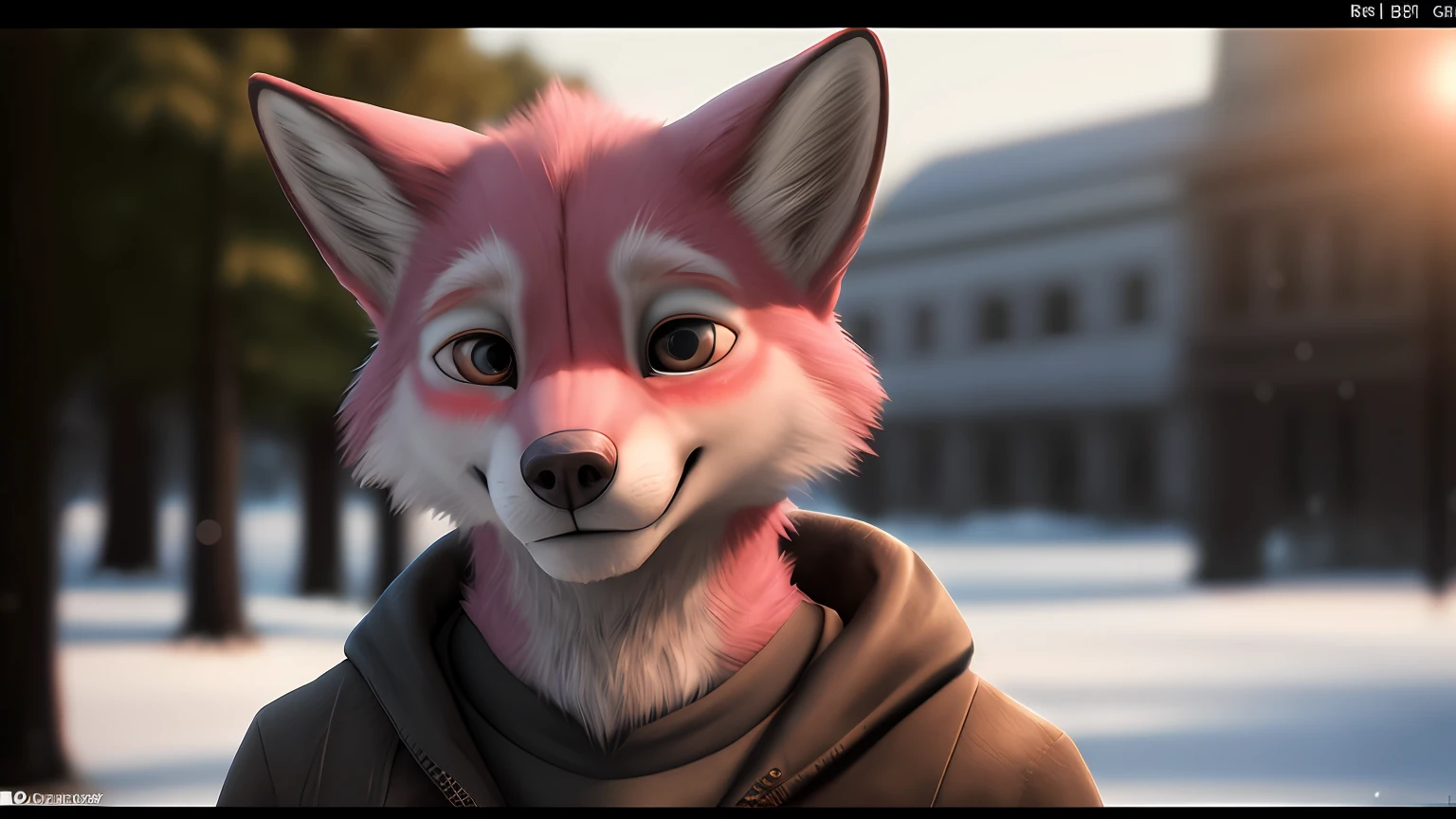 Very detailed park, (realistic snow and snowflakes), detailed background, male, fox,pink fur, body fur, detailed fur, blush, 1 boy, solo, outdoors, (full body), smile, realistic fur, cute, shy, young, 3d octane rendering, unreal engine ray tracing screenshot, CGI, realistic, redshift, unrealistic lighting, high detail, realistic, masterpiece, absurd, best quality, HDR, high quality, high quality, hd, very detailed, 8k Ultra HD, Full HD, (Photorealistic 1.2), Contrast, Harsh lighting, Cinematic lighting, Natural light, Hard light, Backlight, Ray tracing, Global illumination, Ambient occlusion, Depth of field, Field of view, Lens flare, Floodlight, Stunning environment, Edge lighting, Soft lighting, Accent lighting, Cinema, Hue Color, Nikon D750, Brainizer method, f/2.8, Tint color, ProPhoto RGB, perfectionism, diffraction grading, RAW photo, DSLR, Film grain, Fujifilm XT3