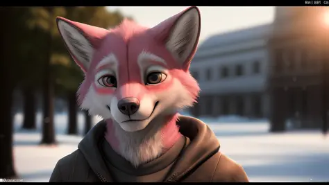 Very detailed park, (realistic snow and snowflakes), detailed background, male, fox,pink fur, body fur, detailed fur, blush, 1 boy, solo, outdoors, (full body), smile, realistic fur, cute, shy, young, 3d octane rendering, unreal engine ray tracing screensh...