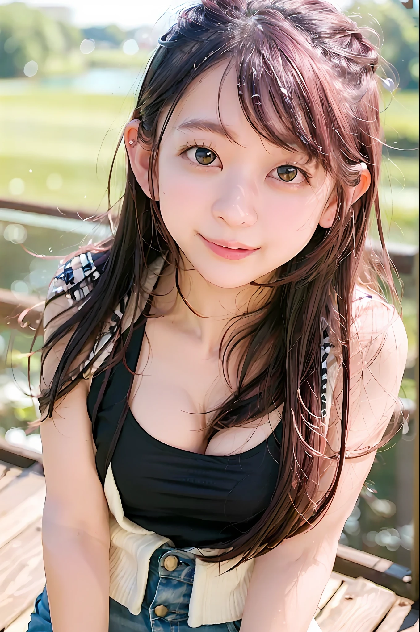 japanese, azusa, (skin blemish:1), black eye, 1woman, 25yo, (((woman))), solo, realistic,  best quality, photorealistic, masterpiece, 8k, high res, solo, extremely detailed face,  (professional lighting, bokeh), (light particles, lens flare, glowing particles:0.6), (dynamic pose:1.2), soft lighting, top angle view, fashionable and trendy atmosphere, japan, street, park, river, ((daytime)), ((looking at the viewer)), (looking at the camera),(portrait:0.6), cowboy shot, gorgeous, standing, keep original facial proportion, wide shoulder, full body,  (medium breast),  (medium hair), brown hair, floating hair, lips, lipstick, seductive smile, floating hair, smile, (tshirt), (short jeans),