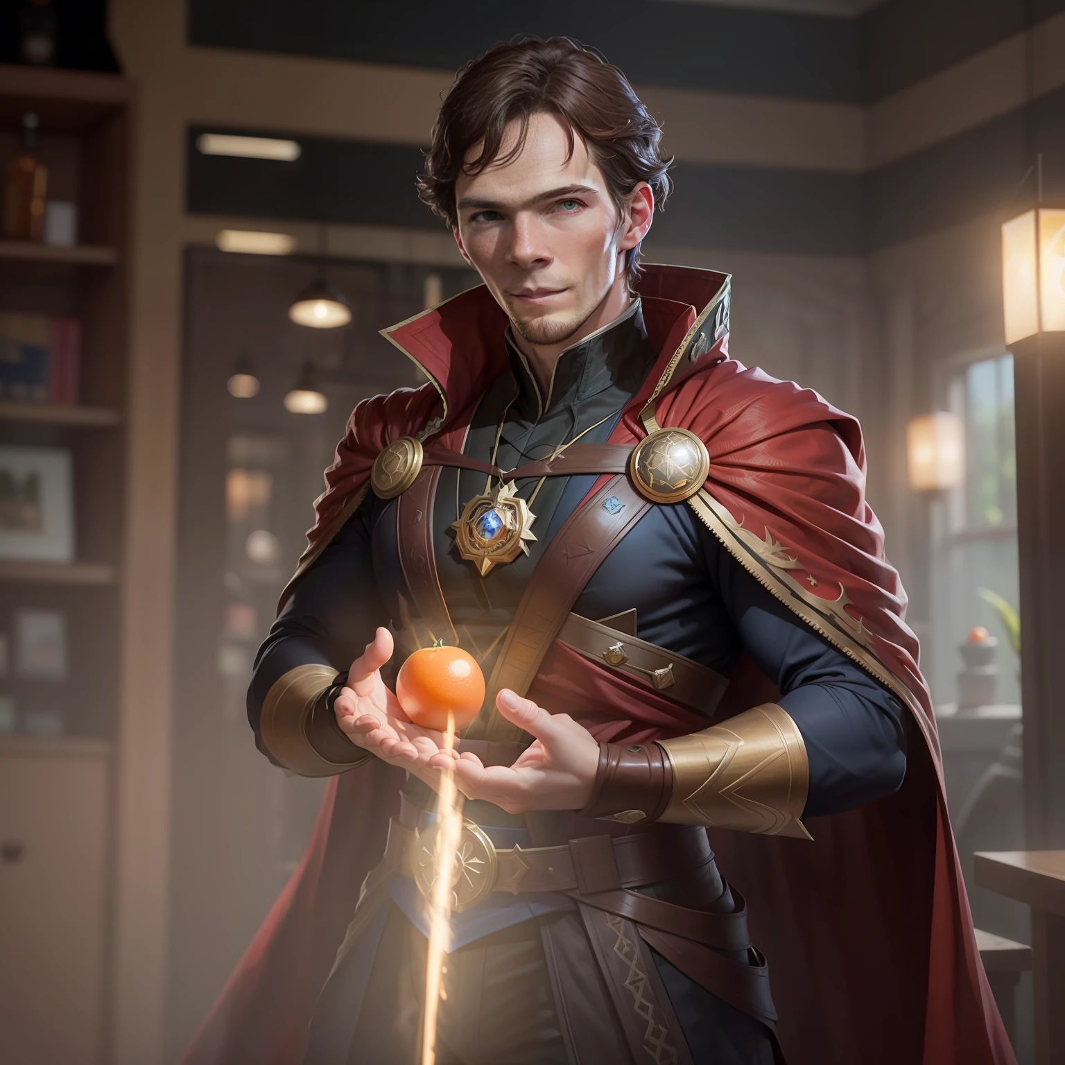 Araffe man in a wizard costume just like Doctor Strange, holding an orange-colored, amber crystal in his hands, Artgerm Benedict Cumberbatch as Dr. Strange, 8K, CGSetivity Masterpiece, Wojtek Fus, Artgerm and WLOP, 8K Stunning Artwork, Extremely detailed ArtGerm, Artgerm and Atey Ghailan