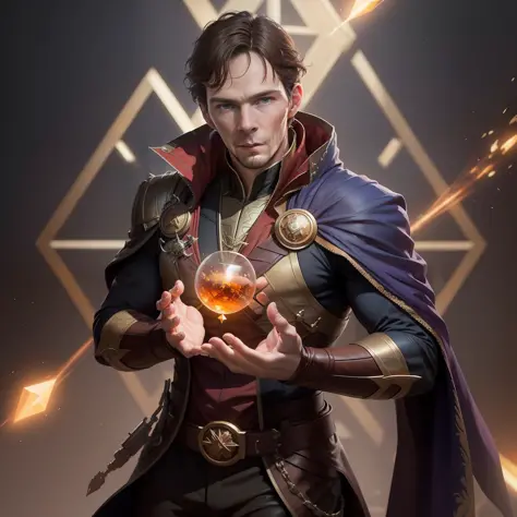 araffe man in a wizard costume just like doctor strange, holding an orange-colored, amber crystal in his hands, artgerm benedict...