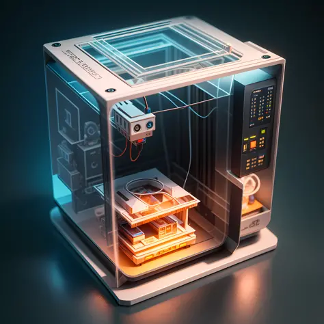 "Small and cute isometric small world 3D printer, soft light, 3D icon clay rendering, blender 3D, futuristic theme, physical photo rendering, printer machine, futuristic theme."