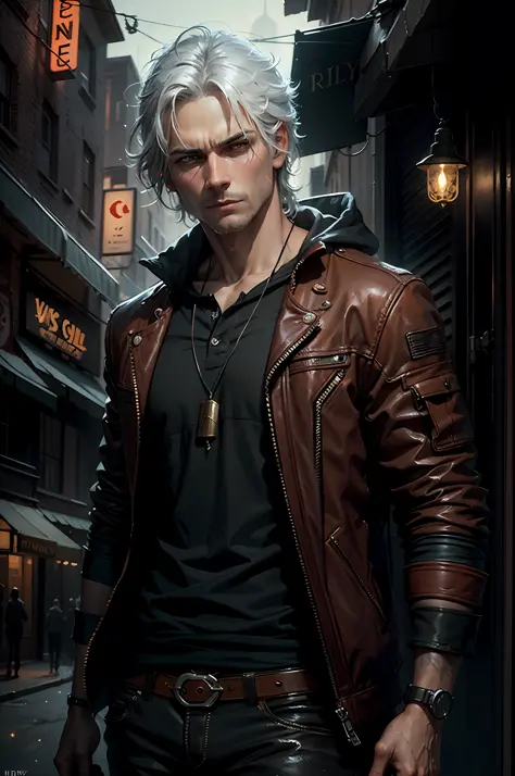 realistic, masculine, (color), post-production, intricate, (radiosity), dark red eyes, white hair (highest quality), neon city b...