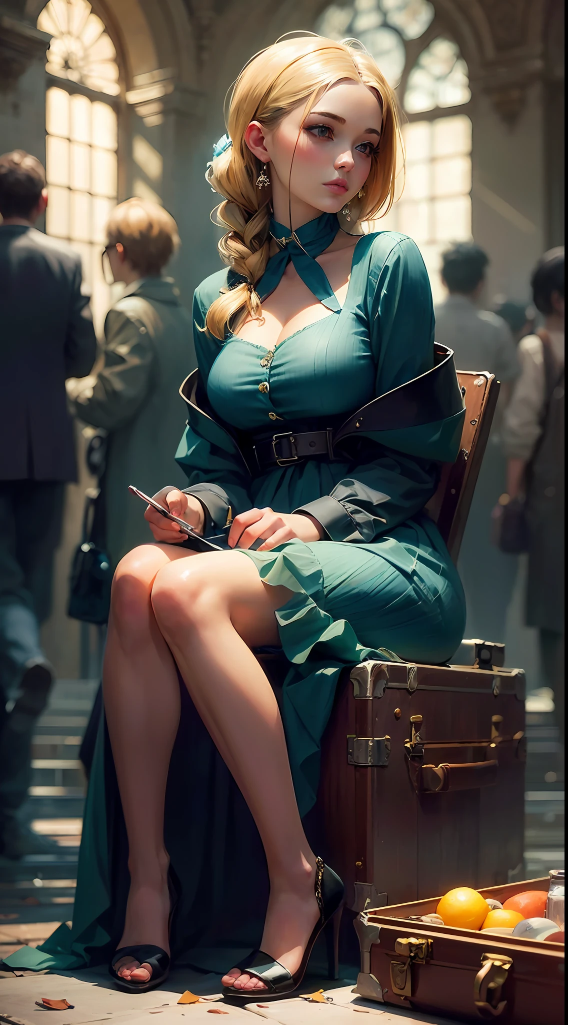 blond haired woman in blue dress sitting on a suitcase, photorealistic anime girl render, character is in her natural pose, realistic fantasy render, smooth digital concept art, realistic shaded perfect body, fanart best artstation, deviantart artstation cgscosiety, alexandra fomina artstation, in style of wlop, best of artstation, trending on artstation hd --auto