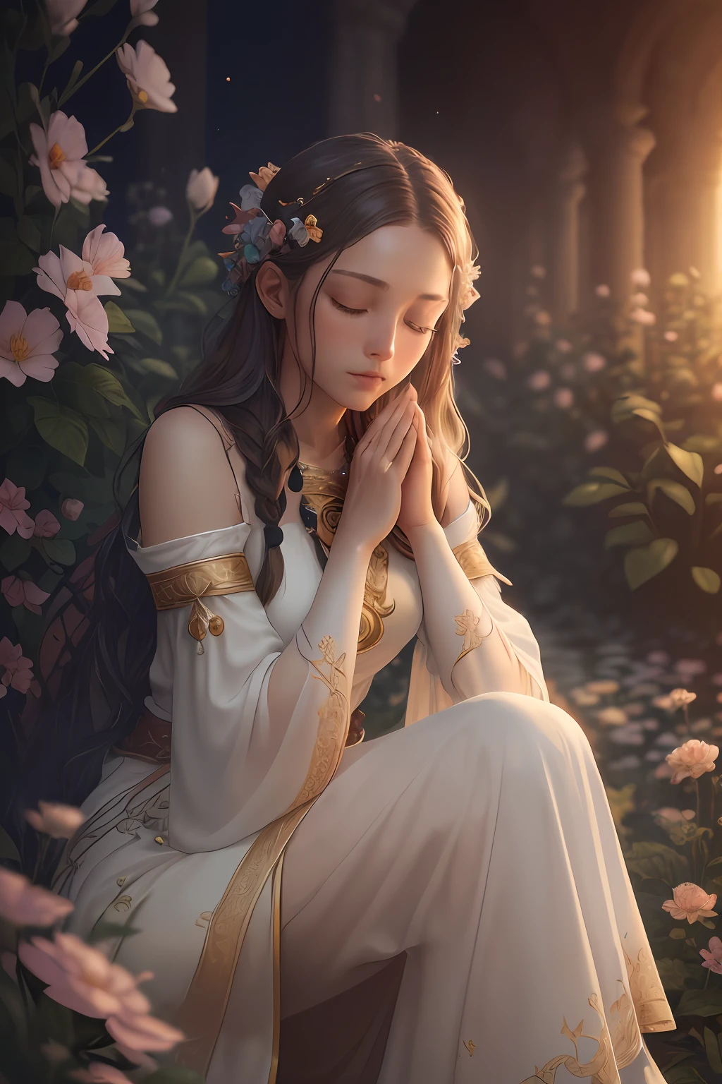 award-winning photo of a woman, octane render, hdr, (hyperdetailed: 1.15), (soft, sharp light: 1.2), 1girl, priestess, eyes closed, from ((hand together in gratitude position)), mature, beautiful body, eyes closed, long knee hair ((priestess))), ((masterpiece, top quality, best quality, official art, beautiful and aesthetic: 1.2), extremely detailed, colorful, more detailed ((ultra-detailed)), (highly detailed CG illustration),  ((extremely delicate and beautiful)), cinematic light, garden, prayer, head down