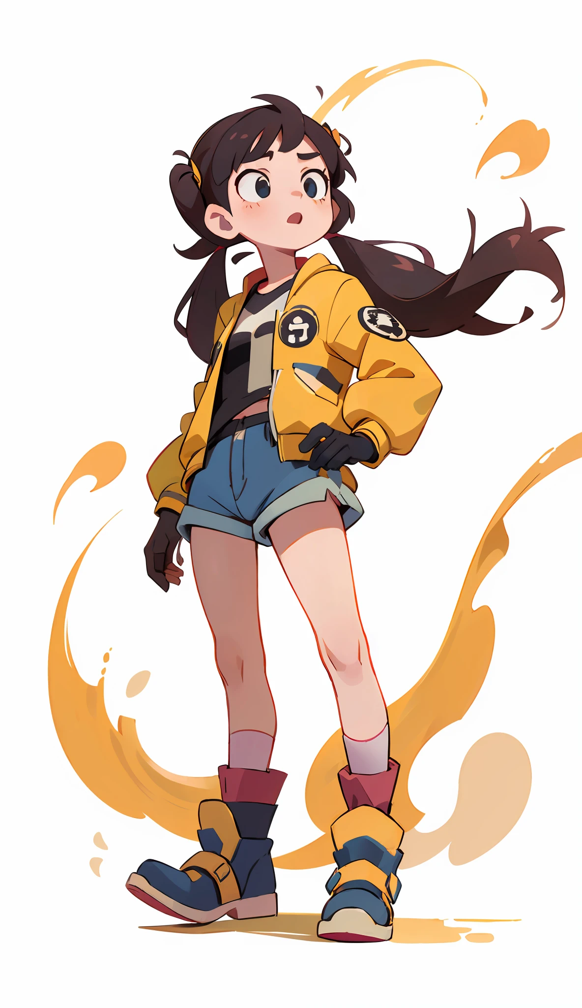 8k, 4k, (highres:1.1), (best,great,amazing quality), (masterpiece:1.3), anime, cartoon, yellow bomber jacket, punk, boots, crazy, black gloves,  1girl, black hair, long twin tails, shorts,