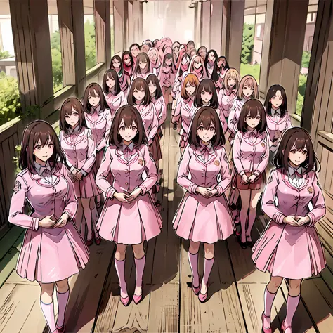 perfect anime illustration, multiple girls, thousands of girls, millions of girls, clones, identical sisters, neat rows of siste...