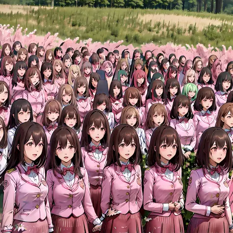 perfect anime illustration, multiple girls, thousands of girls, millions of girls, clones, identical sisters, neat rows of siste...