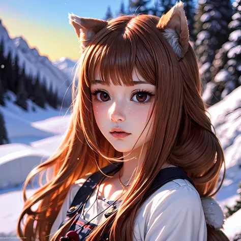 holo, spice and wolf, mountain background with snow, 1 girl, red eyes, brown hair, film grain, backlighting, reflection light, g...